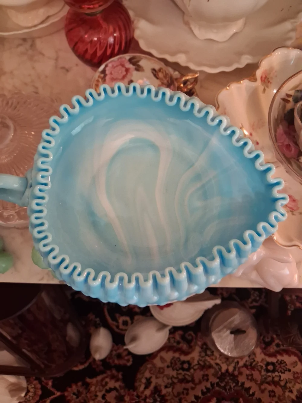 Fenton Blue and White Hobnail Glass Bowl with Handle